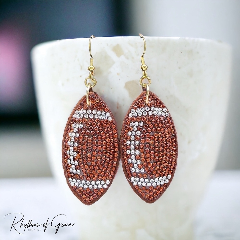 Touchdown Bling: Sparkly Rhinestone Football Dangle Earrings for Game Day Glam!